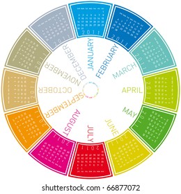 colorful calendar for 2011. Circular design. Week starts on Sunday