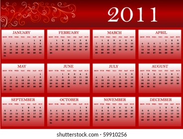 Colorful calendar for 2011, weeks start from Monday