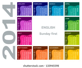 Colorful calendar 2014 - English (Sunday first)