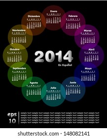 Colorful calendar for 2014 in spanish. Week starts on sunday