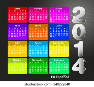 Colorful calendar for 2014 in spanish. Week starts on sunday 