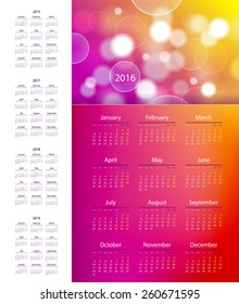 Colorful calendar 2015, 2016, 2017, 2018, 2019 year. Week starts from monday. Vector illustration
