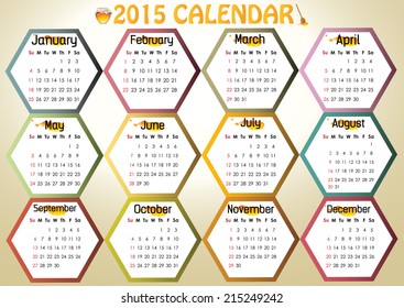 Colorful calendar 2015 in us style, start on sunday, each month with individual table.