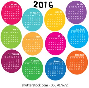 colorful Calendar for 2016 on White Background. Vector illustration.