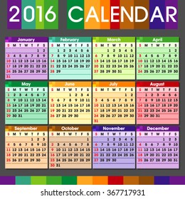 Colorful calendar 2016. 2016 Vector Colorful striped Calendar art simple design template