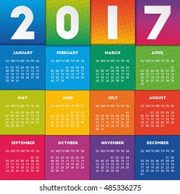 Colorful calendar 2017 design. Week starts on Sunday
