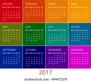 Colorful calendar for 2017 year. Week starts monday. Design template