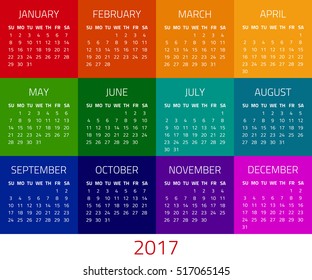 Colorful calendar for 2017 year. Week starts sunday. Design template