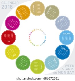 Colorful calendar for 2018. Circular design. Week starts on Monday