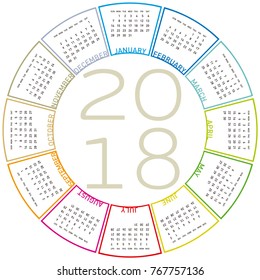 Colorful calendar for 2018. Circular design. Week starts on Sunday
