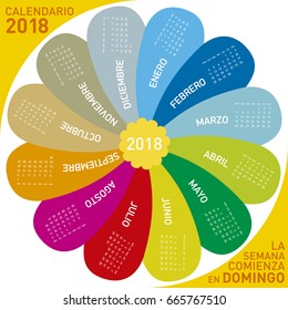 colorful calendar for 2018, flower design. Spanish Language, Week starts on Sunday.