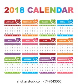 Colorful calendar for 2018 year start from sunday. Vector design print template.
