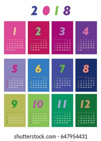 Colorful calendar for 2018 years. Week starts from Sunday.