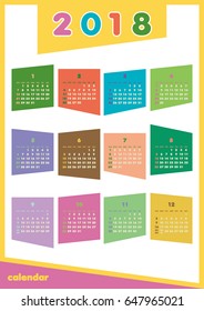 Colorful calendar for 2018 years. Week starts from Sunday.