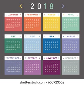 Colorful calendar for 2018 years. Week starts from Sunday.