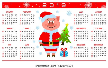 Colorful calendar 2019 with a pig in Santa Claus costume. Cartoon character, christmas tree and gift box on a white background. Week starts on Sunday. Basic grid. Flat style. Vector illustration.