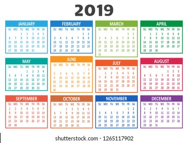 Colorful calendar 2019. Week starts from Sunday. Vector illustration