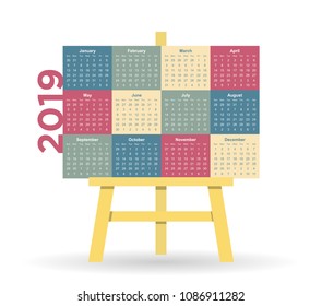 Colorful calendar 2019, wooden easel