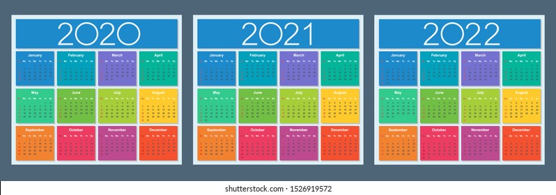 Colorful calendar for 2020, 2021 and 2022 years. Week starts on Sunday. Isolated vector illustration.