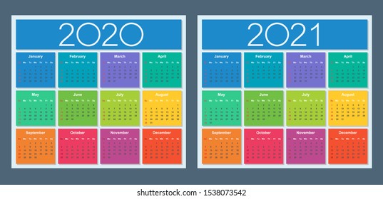 Colorful calendar for 2020 and 2021 years. Week starts on Sunday. Isolated vector illustration.