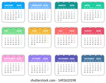 Colorful Calendar 2020. Template. Mockup Week starts monday