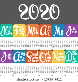 Colorful calendar for 2020 year. Week starts Sunday. Planner Wall Monthly Calendar for the year 2020. Vector illustration.