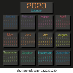 Colorful calendar for 2020 year. Week starts Sunday. Planner Wall Monthly Calendar for the year 2020. Vector illustration.