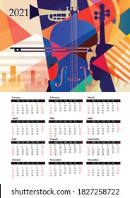 Colorful calendar for 2021 with musical design elements