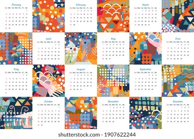 Colorful calendar for 2022 year. Week starts on sunday. Vector design with abstract multicolor patterns.