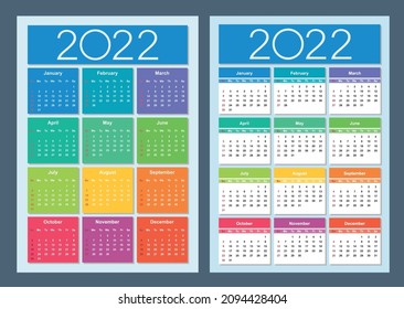 Colorful calendar for 2022 year. Week starts on Sunday. Vertical. Isolated vector illustration.