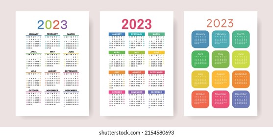 Colorful calendar 2023 set. Vector template collection. January, February, March, April, May, June, July, August, September, October, November, December