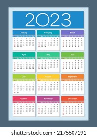 Colorful calendar for 2023 year. Week starts on Sunday. Vertical. Isolated vector illustration.