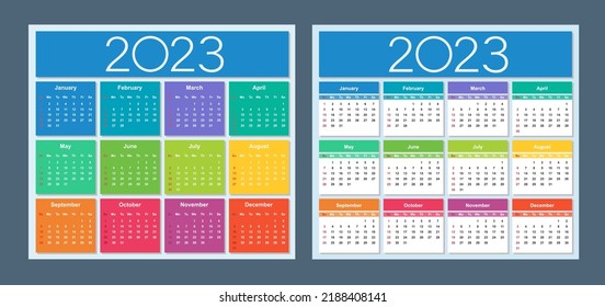 Colorful calendar for 2023 year. Week starts on Sunday.