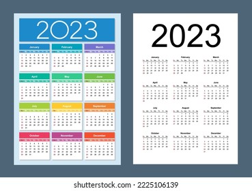 Colorful calendar for 2023 year. Week starts on Sunday. Vertical. Isolated vector illustration.