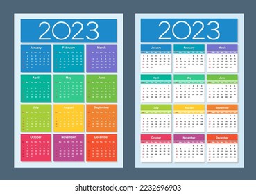 Colorful calendar for 2023 year. Week starts on Sunday. Vertical. Isolated vector illustration.