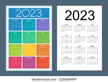 Colorful calendar for 2023 year. Week starts on Sunday. Vertical. Isolated vector illustration.