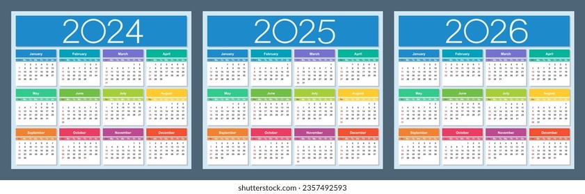 Colorful calendar for 2024, 2025 and 2026 years. Week starts on Sunday. Isolated vector illustration.