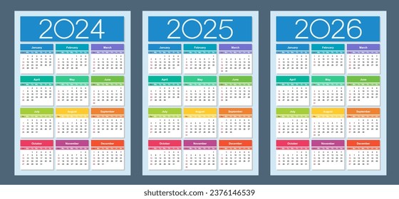 Colorful calendar for 2024, 2025 and 2026 years. Week starts on Sunday. Vertical calendar design template. Basic grid. Isolated vector illustration.