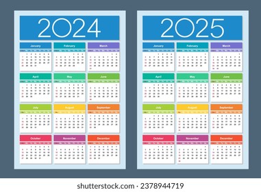 Colorful calendar for 2024, 2025 years. Week starts on Sunday. Vertical calendar design template. Basic grid. Isolated vector illustration.