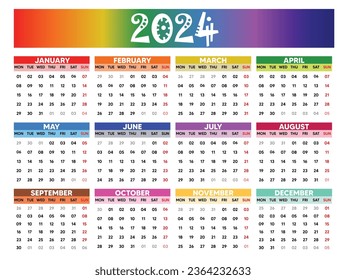 colorful calendar for 2024 vector illustration design template, desk calendar 2024 year, wall calendar 2024 template, print