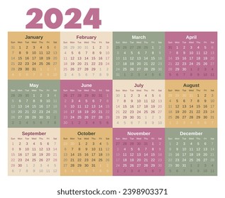Colorful calendar 2024, vector illustration