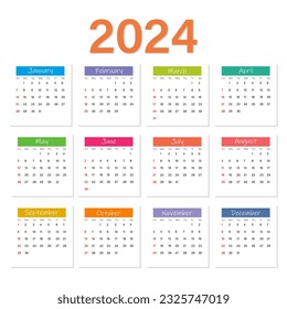 Plantilla vectorial de calendario colorido 2024, diseño minimalista simple.  Planificador del calendario de paredes 2024. La semana empieza el domingo.