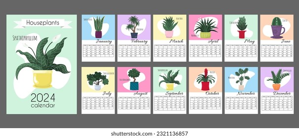 Colorful calendar 2024 in vertical A4, A3 format. Week starts on Monday. Calendar for 2024 by months with cover, with color spots and home plants. Houseplants calendar isolated on grey background.