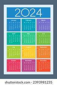 Colorful calendar for 2024 year. Week starts on Sunday. Vertical. Isolated vector illustration.