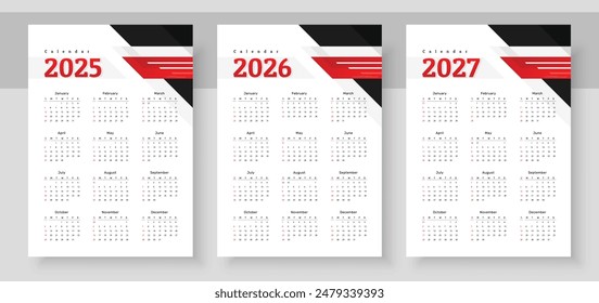 Colorful calendar 2025, 2026, 2027, Stationery template with 12 months, The week starts on Sunday Calendar layout, Corporate design planner template. Organizer in English.