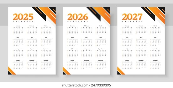 Colorful calendar 2025, 2026, 2027, Stationery template with 12 months, The week starts on Sunday Calendar layout, Corporate design planner template. Organizer in English.