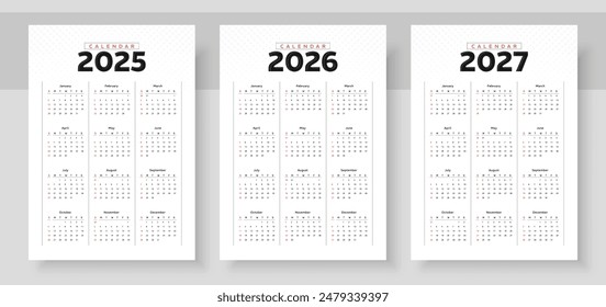 Bunter Kalender 2025, 2026, 2027, Briefpapier-Vorlage mit 12 Monaten, Die Woche beginnt am Sonntag Kalenderlayout, Corporate Sound Design Planner Vorlage. Veranstalter auf Englisch.