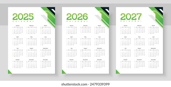 Colorful calendar 2025, 2026, 2027, Stationery template with 12 months, The week starts on Sunday Calendar layout, Corporate design planner template. Organizer in English.
