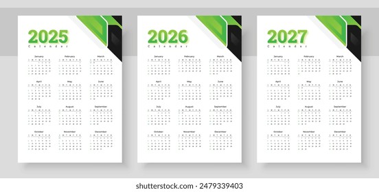 Colorful calendar 2025, 2026, 2027, Stationery template with 12 months, The week starts on Sunday Calendar layout, Corporate design planner template. Organizer in English.