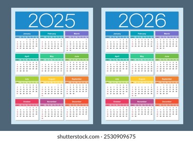 Colorful calendar for 2025, 2026 years. Week starts on Sunday. Vertical calendar design template. Basic grid. Isolated vector illustration.